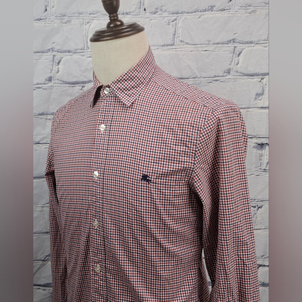 Burberry Men's Button Down Shirt Red Blue Gingham Plaid Logo Stretch Size Small